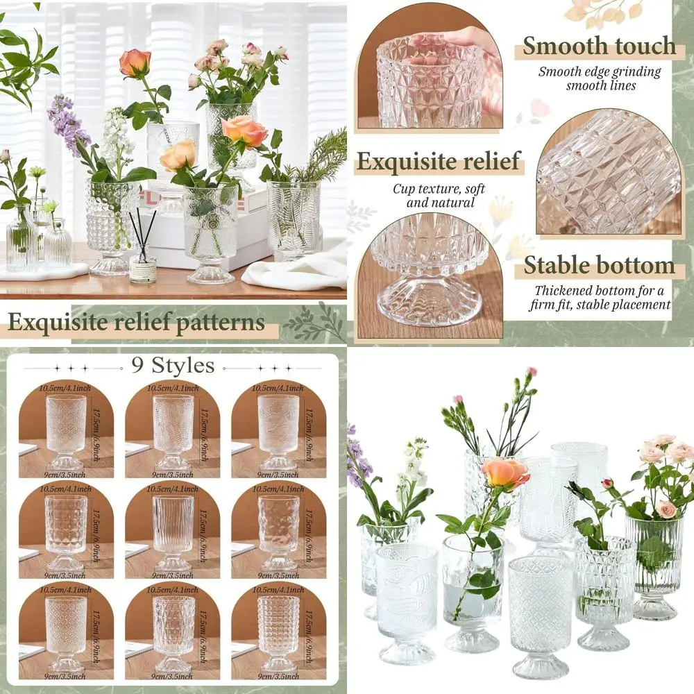 

Набор из 9 хрустальных ваз с рельефным узором, 7 x 4 дюйма, идеально подходит для дома, офиса, свадеб и вечеринок (прозрачный)