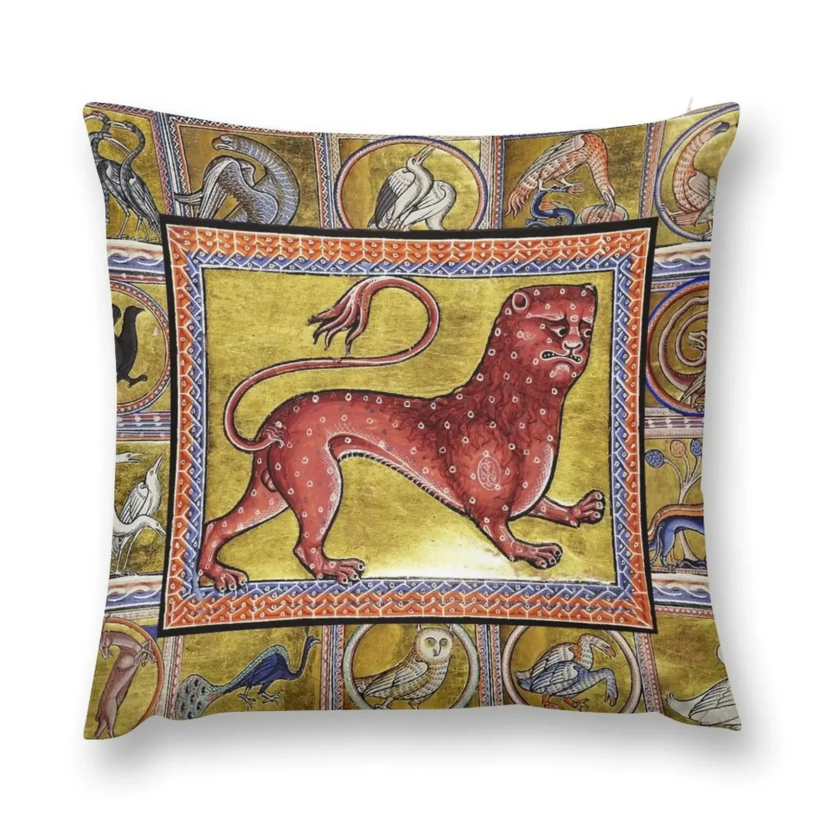 MEDIEVAL BESTIARY,LEOPARD, FANTASTIC ANIMALS IN GOLD RED BLUE COLORS Throw Pillow Decorative Cushion Pillowcases pillow