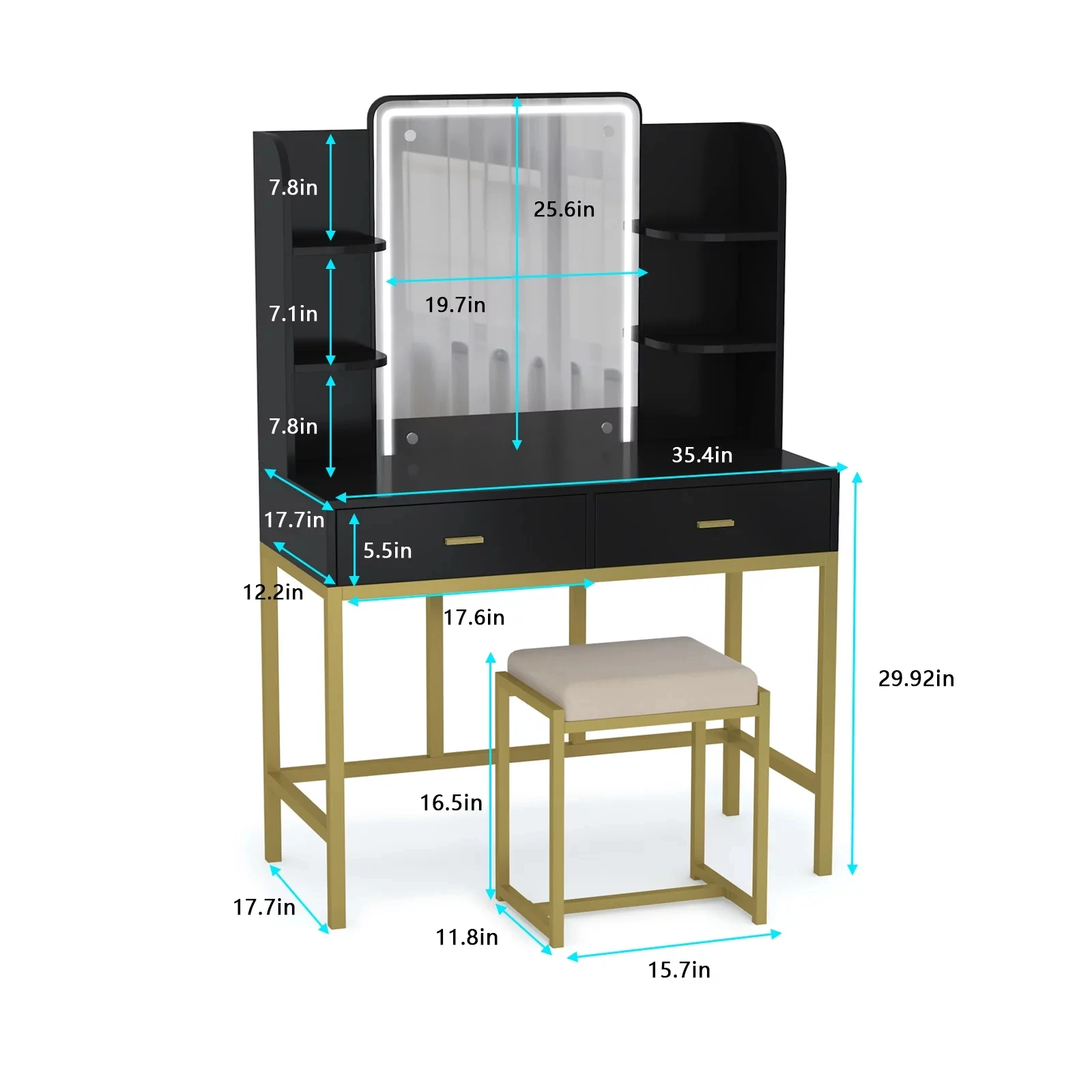 Vanity Set with Lighted Mirror, Makeup Dressing Table with Cushioned Stool, 6 Storage Shelves and 2 Drawers, Dresser Desk