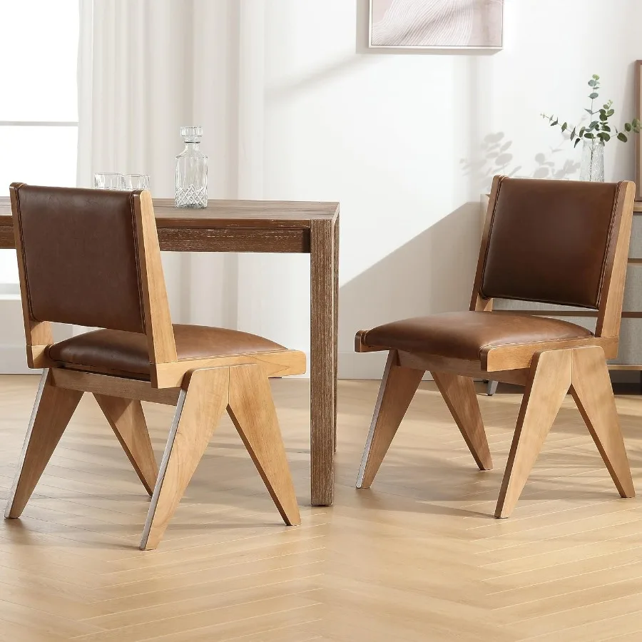 Brown Dining Chairs Set of 2 Mid Century Modern Dining Chairs PU Leather Upholstered Dining Room Chairs with tural Wood Legs Fa