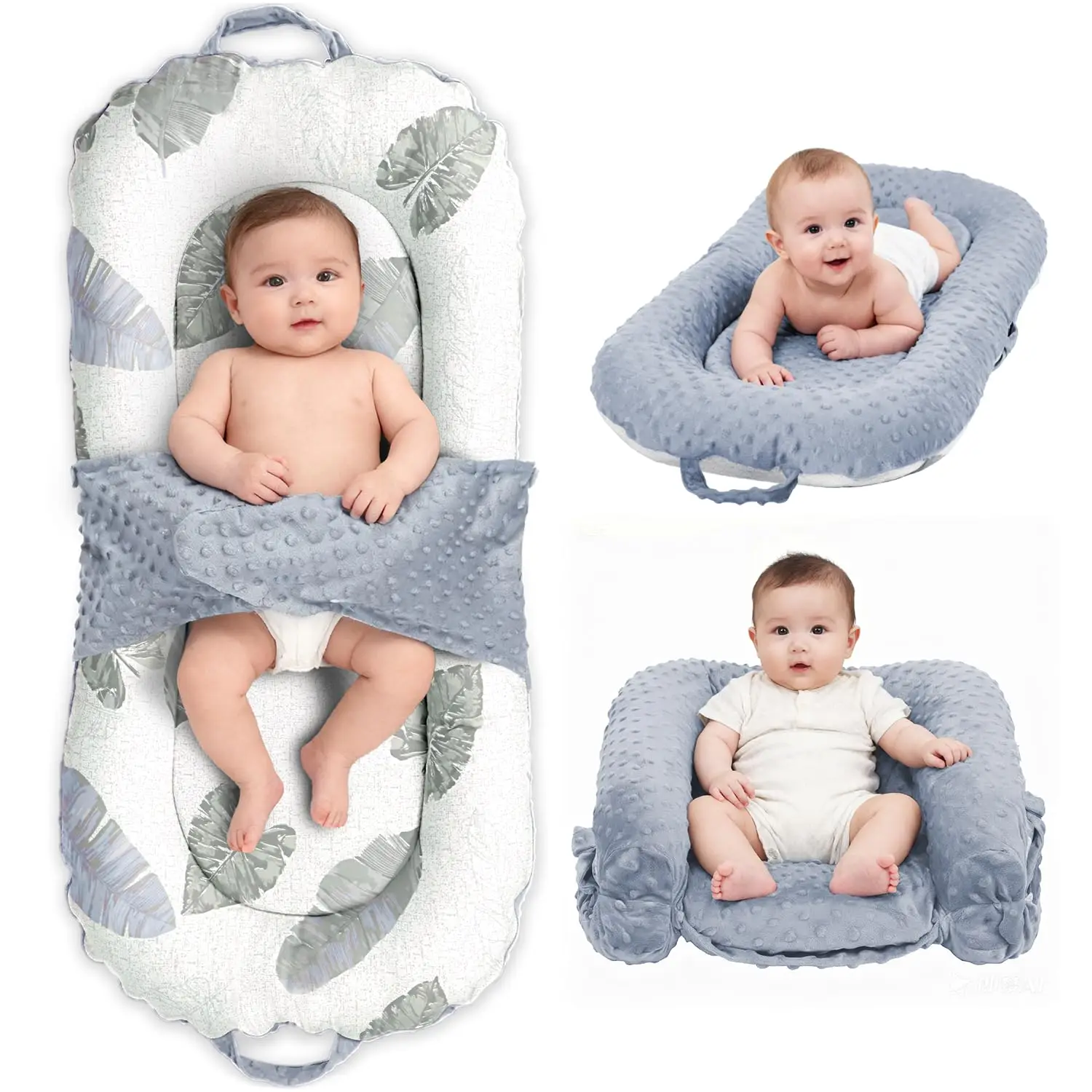 

3-in-1 Portable Baby Lounger for Newborns 0-24 Months, Foldable Tummy Time Pillow and Sitting Seat with Removable Cover