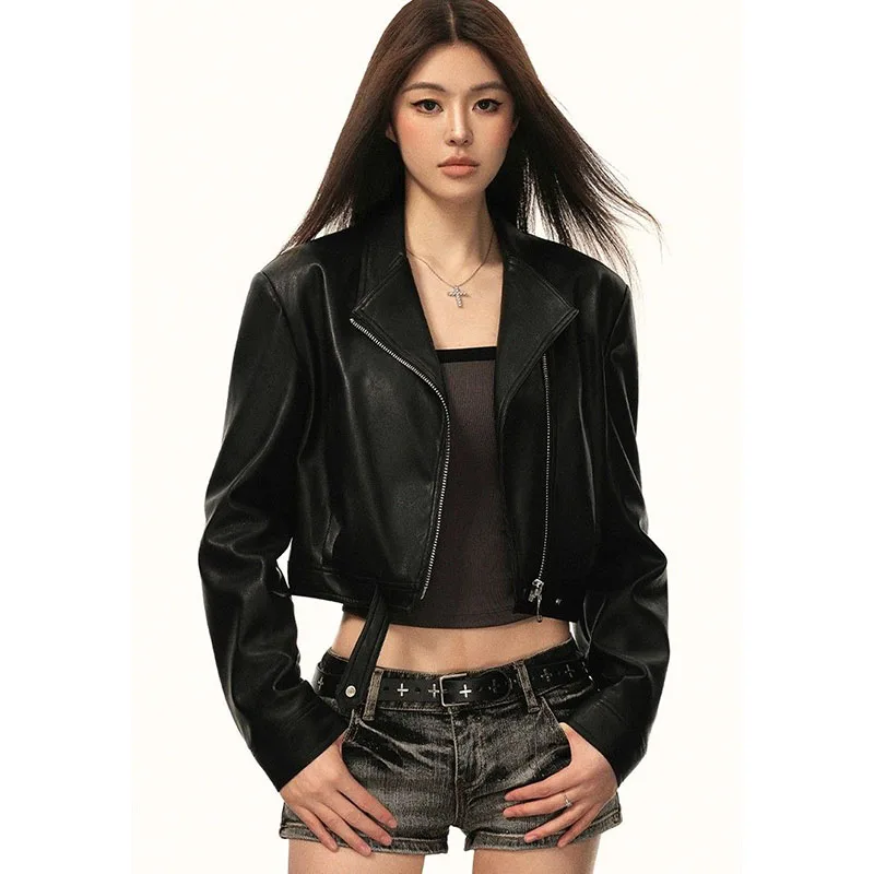 Damen Braune PU-Lederjacke, Kurze Offene Lederjacke, Elegante Hochwertige Vielseitige Trendige Vintage-Oberbekleidung – Detail 10