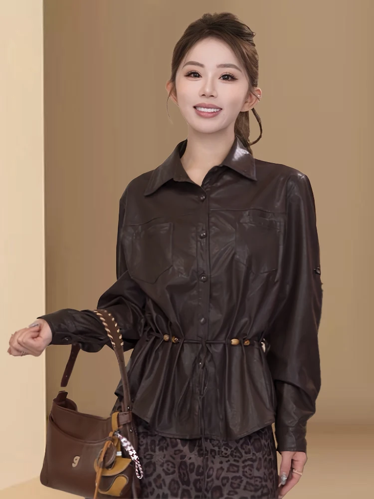 Ele Retro Revers Leer Jaet Dames Top Faionable Veelzijdig Vroege Herfst Nieuwe Sle Koreaanse Sle Pendelen Sle Loose Fit