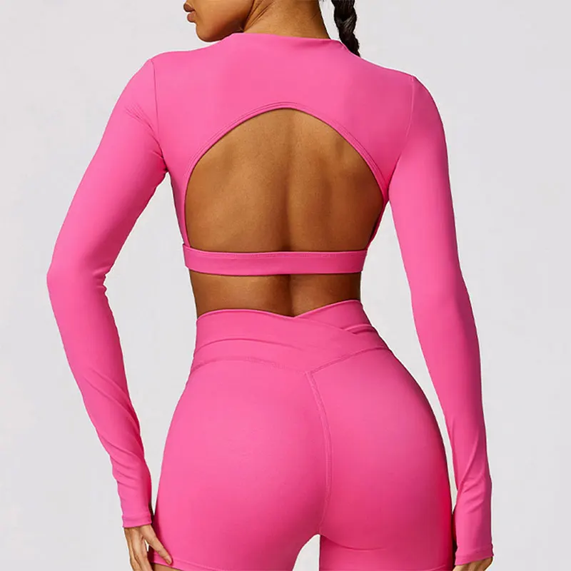 Top feminino sexy sem costas, roupa esportiva de secagem rápida, top de treino manga comprida, roupa de ioga com almofadas no peito, ginástica