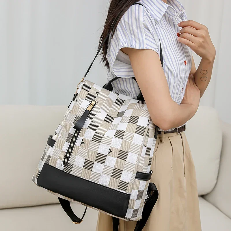 Casual Backpack Contrast Plaid Popular Print fashion Ladies Backpack Large Capacity Lightweight All-match Multi-use Shoulder Bag