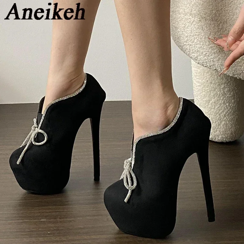 Aneikeh-botas mid-calf com nó borboleta para mulheres, botas plataforma com saltos finos, sem cordões, cor sólida, outono