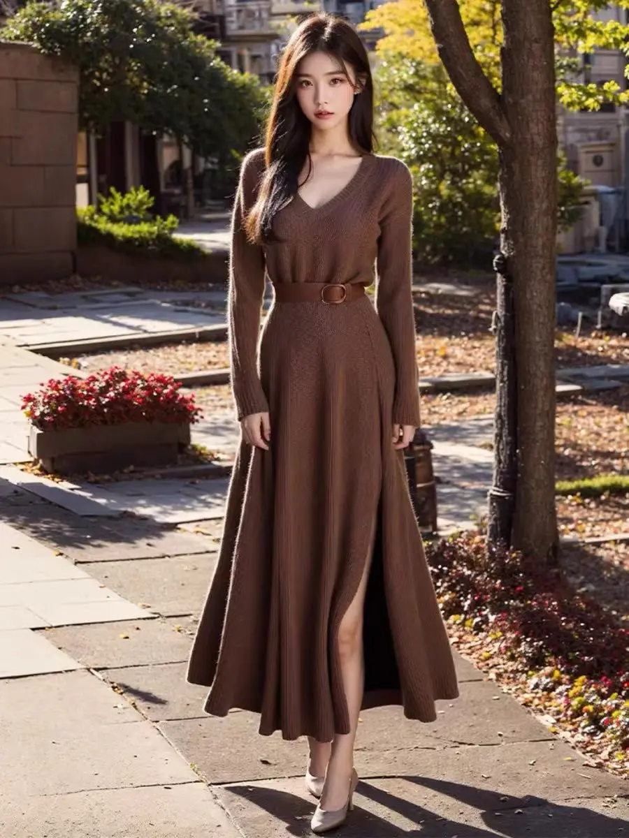 2024 Autumn New High-end Slim Fit Long Brown Sweater Dress for Women Autumn/Winter New Elegant V-neck Knitted Dress for Women