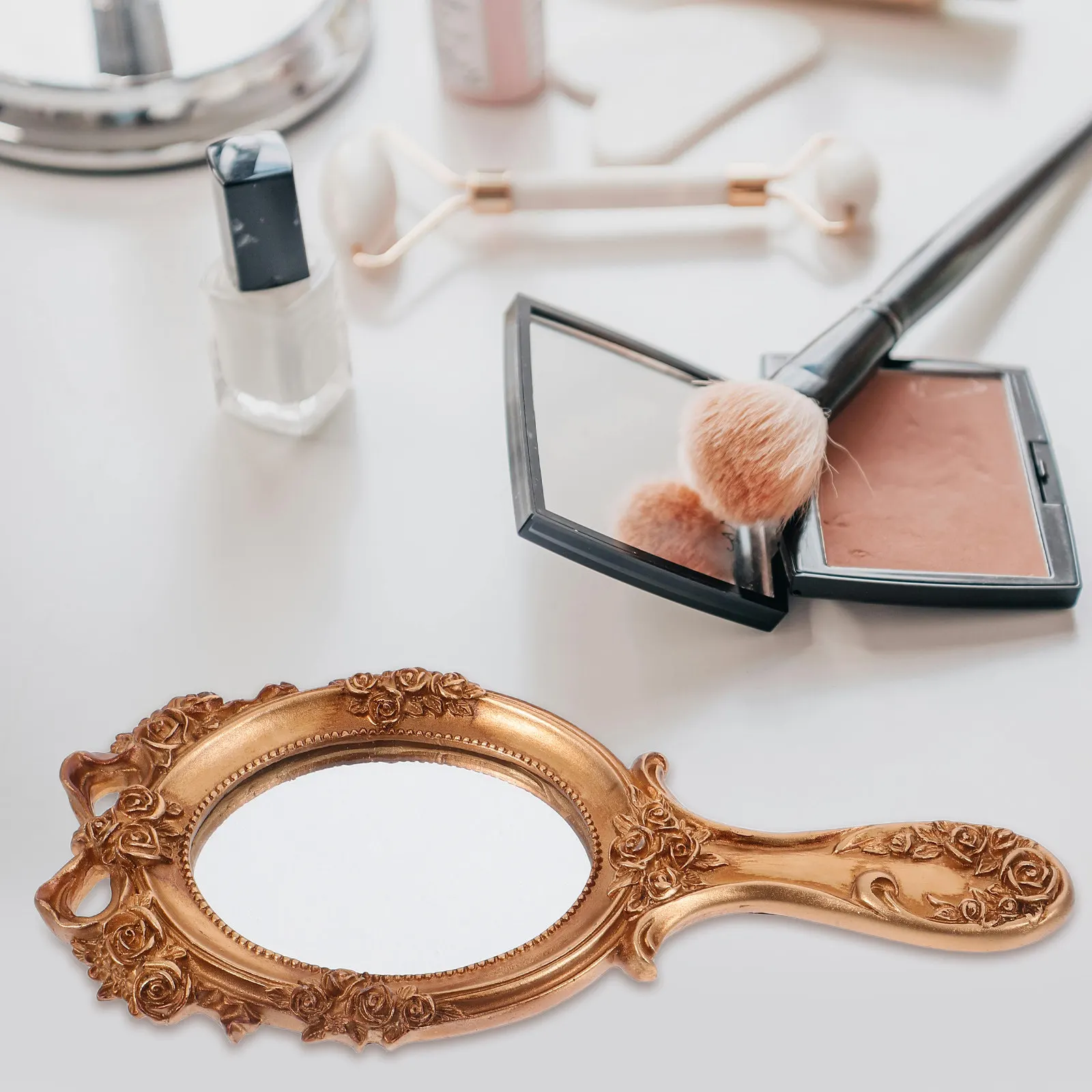 

Portable Vintage Hand Mirror with Painted 3D Embossment Clear Reflection Makeup Tool Compact Travel Mirror for Women Gift