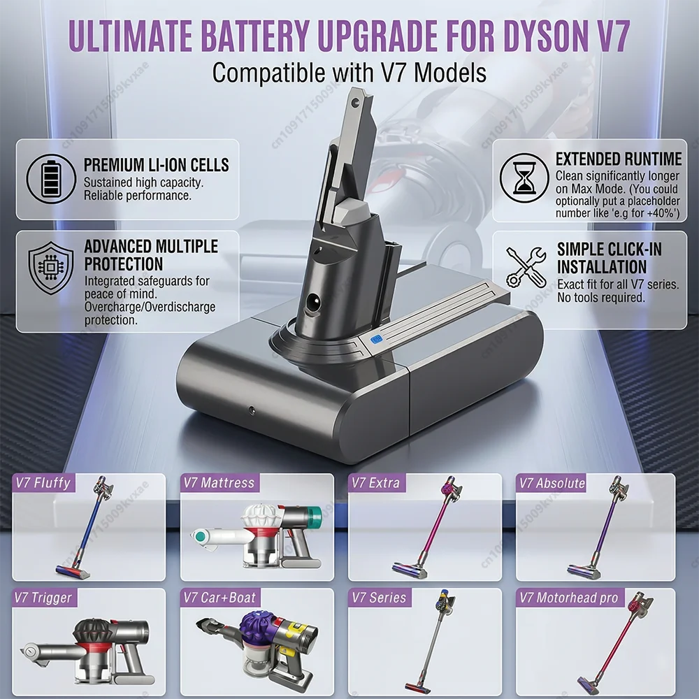 

Аккумулятор V7 на 8000 мАч для Dyson | Долгая жизнь | Подходит для пылесосов V7 Animal Absolute Fluffy Motorhead Trigger Mattress Extra Car+Boat