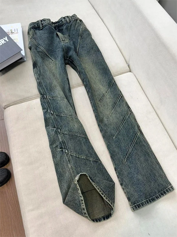 

Retro Blue Pleated Design Men's Jeans Straight Leg Bell Bot Slimming High Street Sle American Spring Faion Trousers