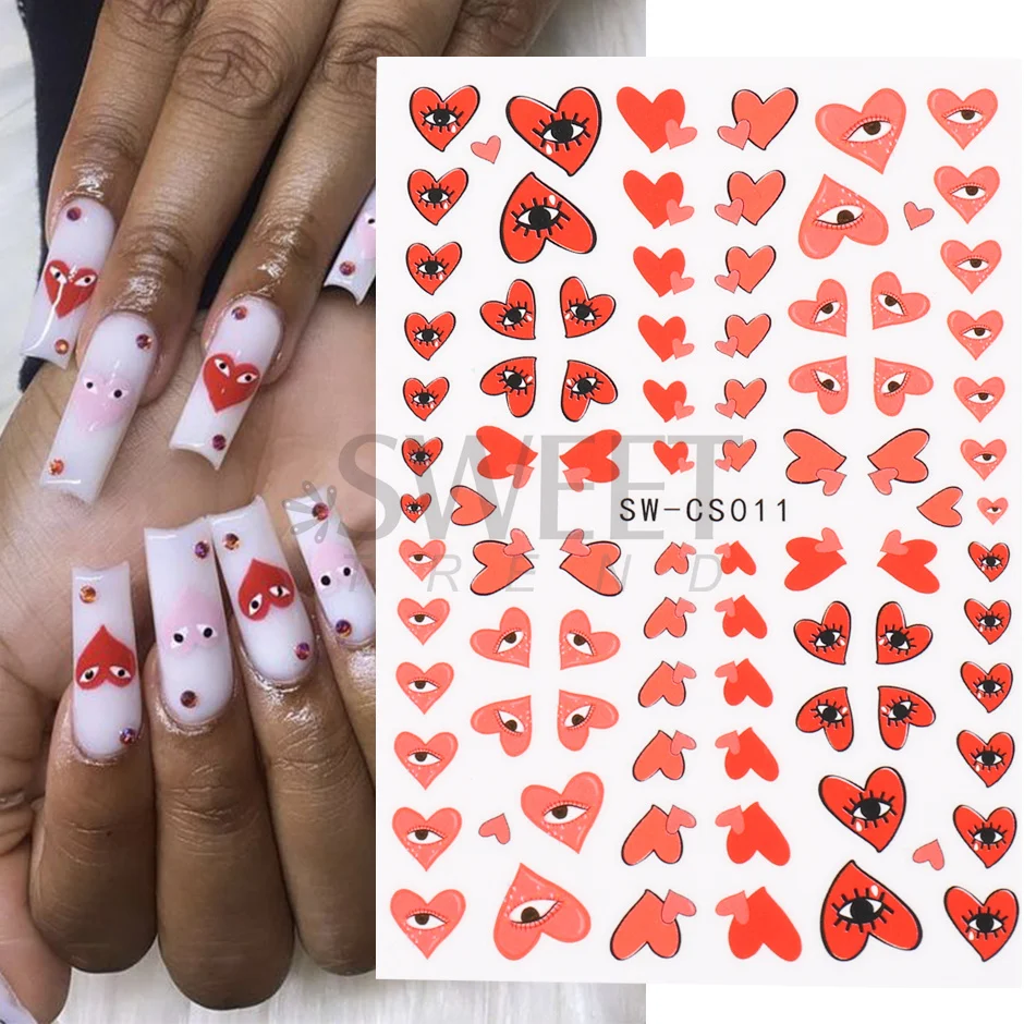 3pcs/set 3D Heart Nail Design Blue Red Evil Eye Nail Art Decoration Sticker Press on Nails Valentine Decals Manicure Accessories