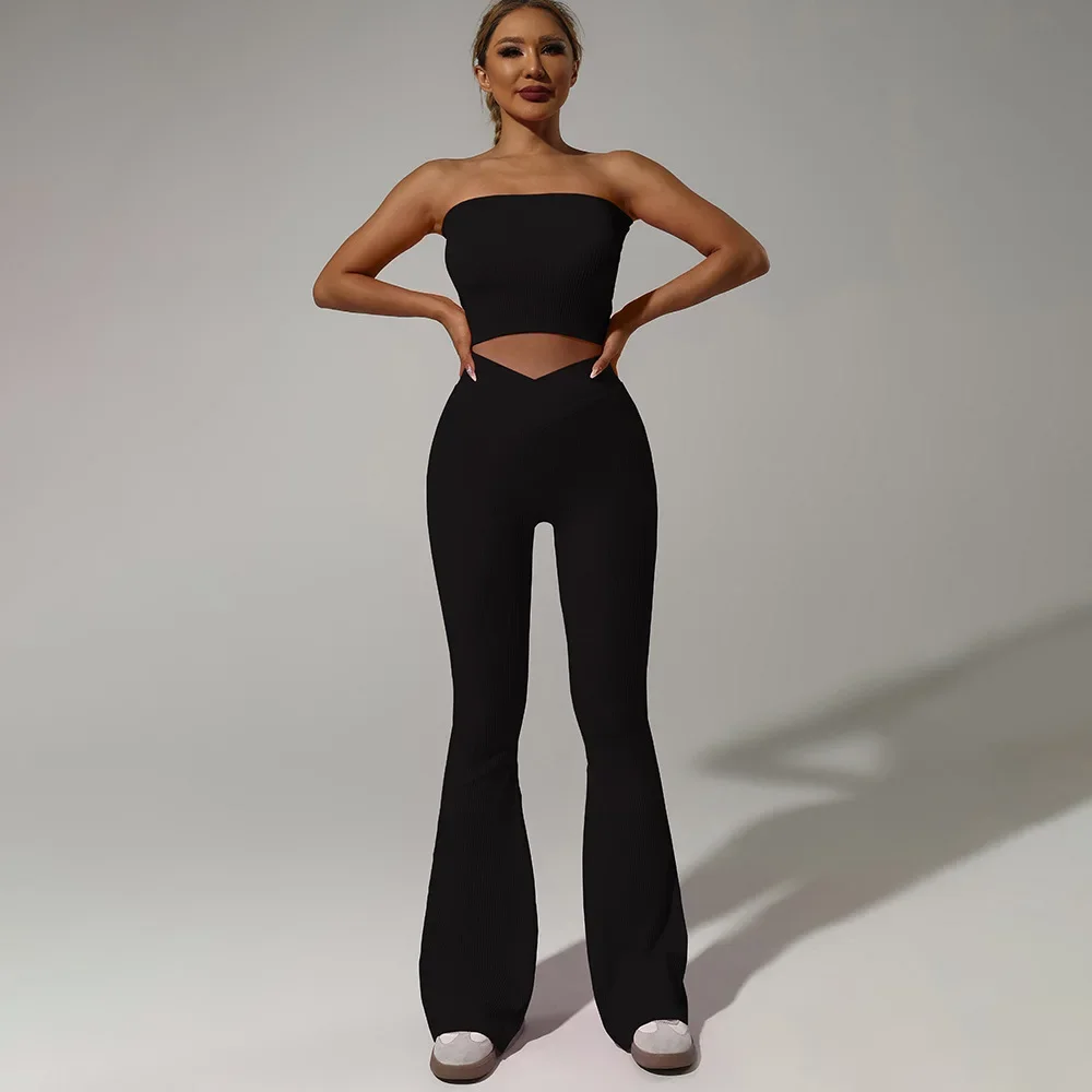 2 Piece Sets Sports Crop Top Flared Pants Womens Outfits Streetwear Fitness Yoga Clothes Leggings Suit Tracksuit Gym Workout Set