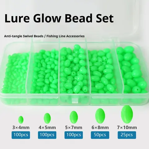 375개 발광 비즈 올리브 그린 타원형 부드러운 플라스틱 물고기 비즈 충돌 방지 비즈 낚시 장비 액세서리 박스 포함