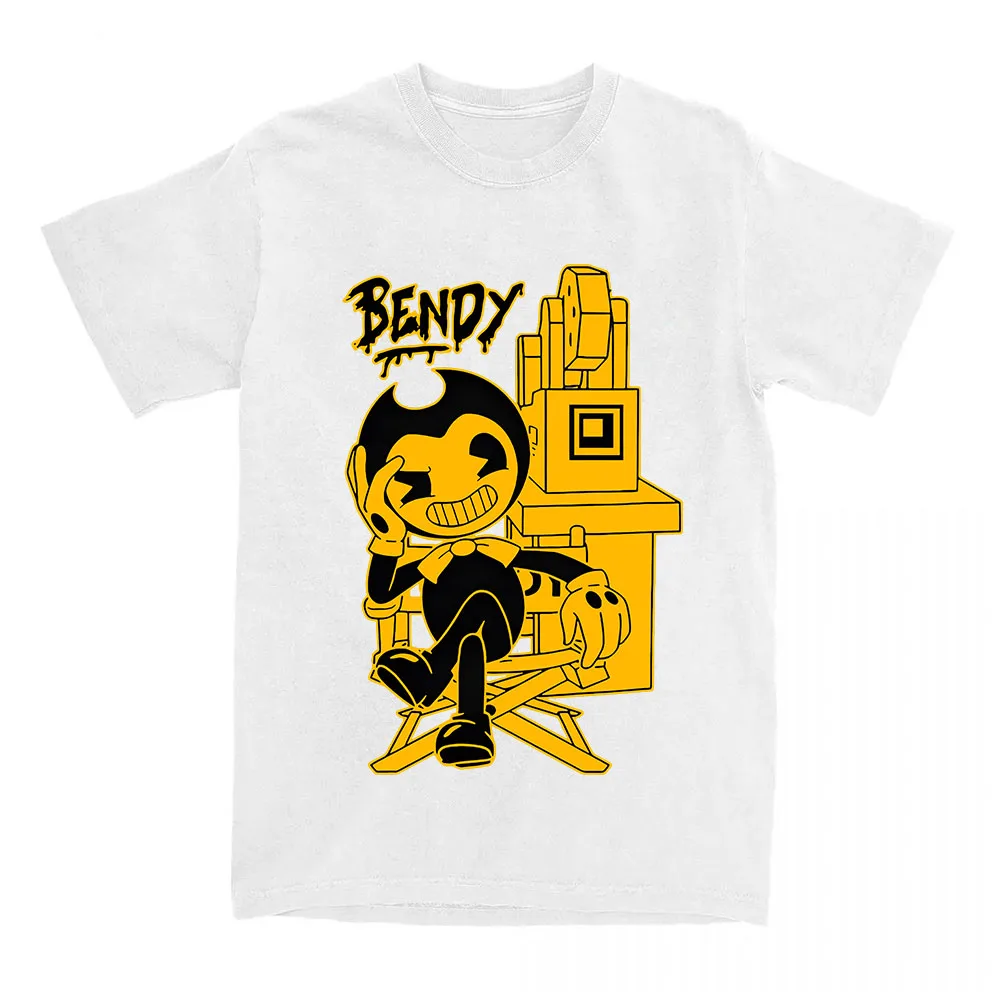 Herren T-Shirt mit Cartoon-Grafik „Bendy and The Ink Machine“-Regiestuhl, Retro-Horror-Spiel, Kurzarm, Lässiges Baumwoll-Streetwear-Tee – Detail 4