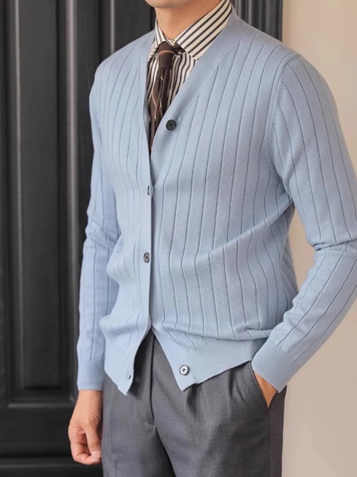 

Briti Retro Long Sve Knitted Sweater Jaet Men's Open Cardigan Autumn Versatile Busin Casual Striped Sweater