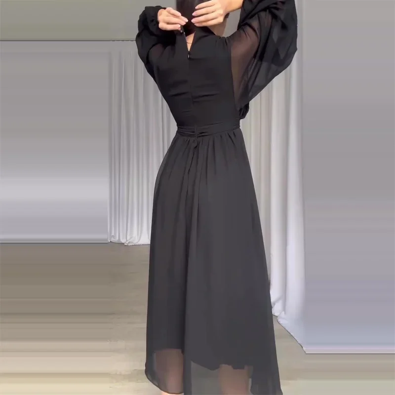 2023 Spring Female Party Chiffon Dress Autumn Women\'s Long Sleeve Solid Color Office Dress Fashion Lady O Neck Casual Maxi Dress