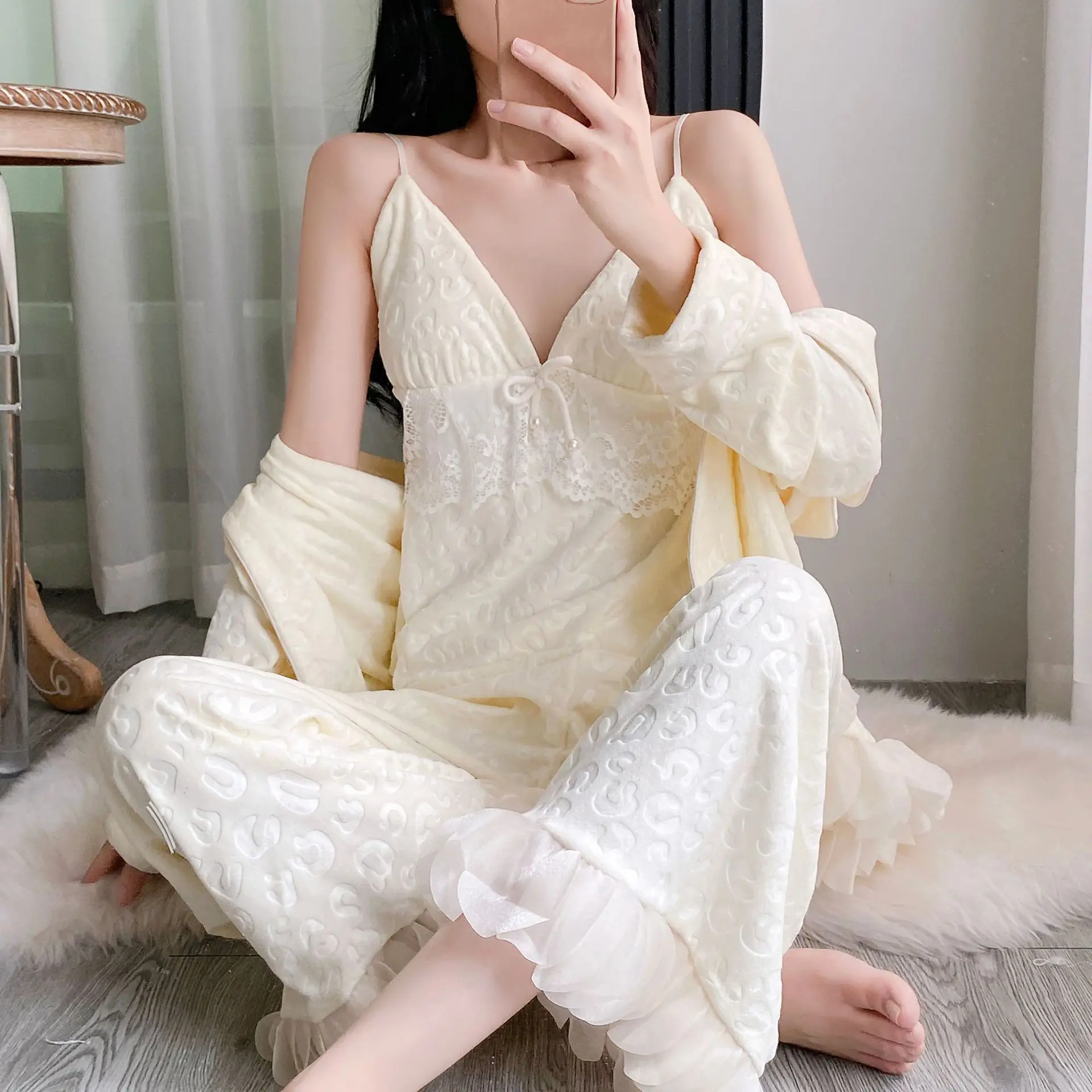 طقم بيجامات نسائي مخملي من جزيرة سميكة ملابس نوم بنطلون من الفلانيل مزدوج الوجه ملابس منزلية أنيقة من الدانتيل ملابس للاستلقاء #6