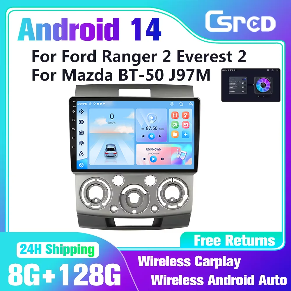 Csred SIM Android 14 Auto Radio For Ford Ranger 2 Everest 2 For Mazda BT-50 J97M 2006-2011 Car Multimedia Player GPS Navigation