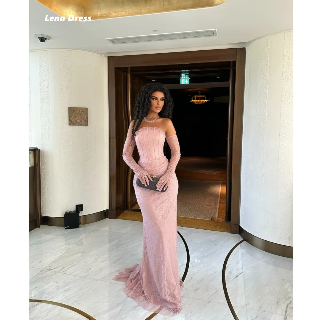 Lena Customized Prom Dress Women's Evening Dress for Elegant Party Dresses Embroidered Lace Long Sleeve Pink Fish Tail Luxurious