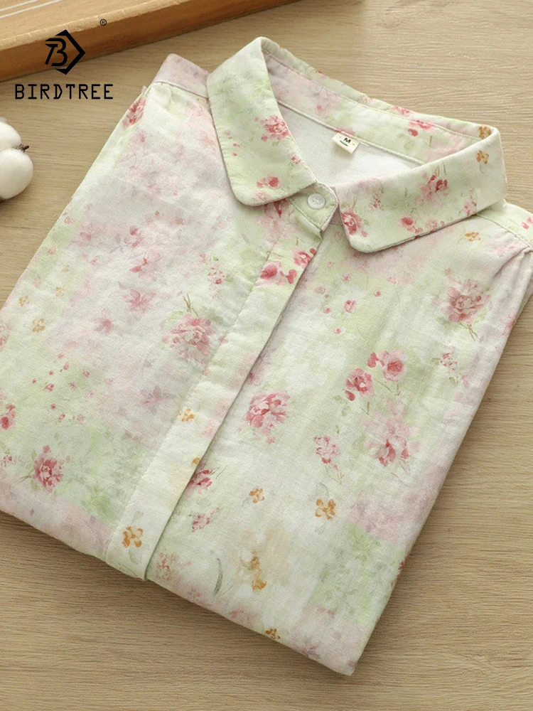 

New 2025 Autumn Cotton Yarn Long Sleeve Shirt, Women Turn-down Collar Print, Mori Girl Versatile Commute Loose Blouse T57047CC