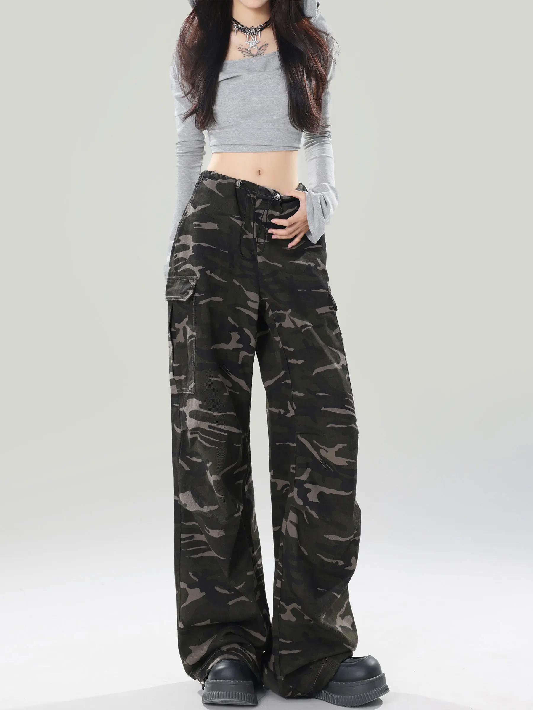 American Style High Waist Camouflage Work Pants Women's Loose Floor-Length Trousers Autumn 2026 New Sweet Cool Street Style