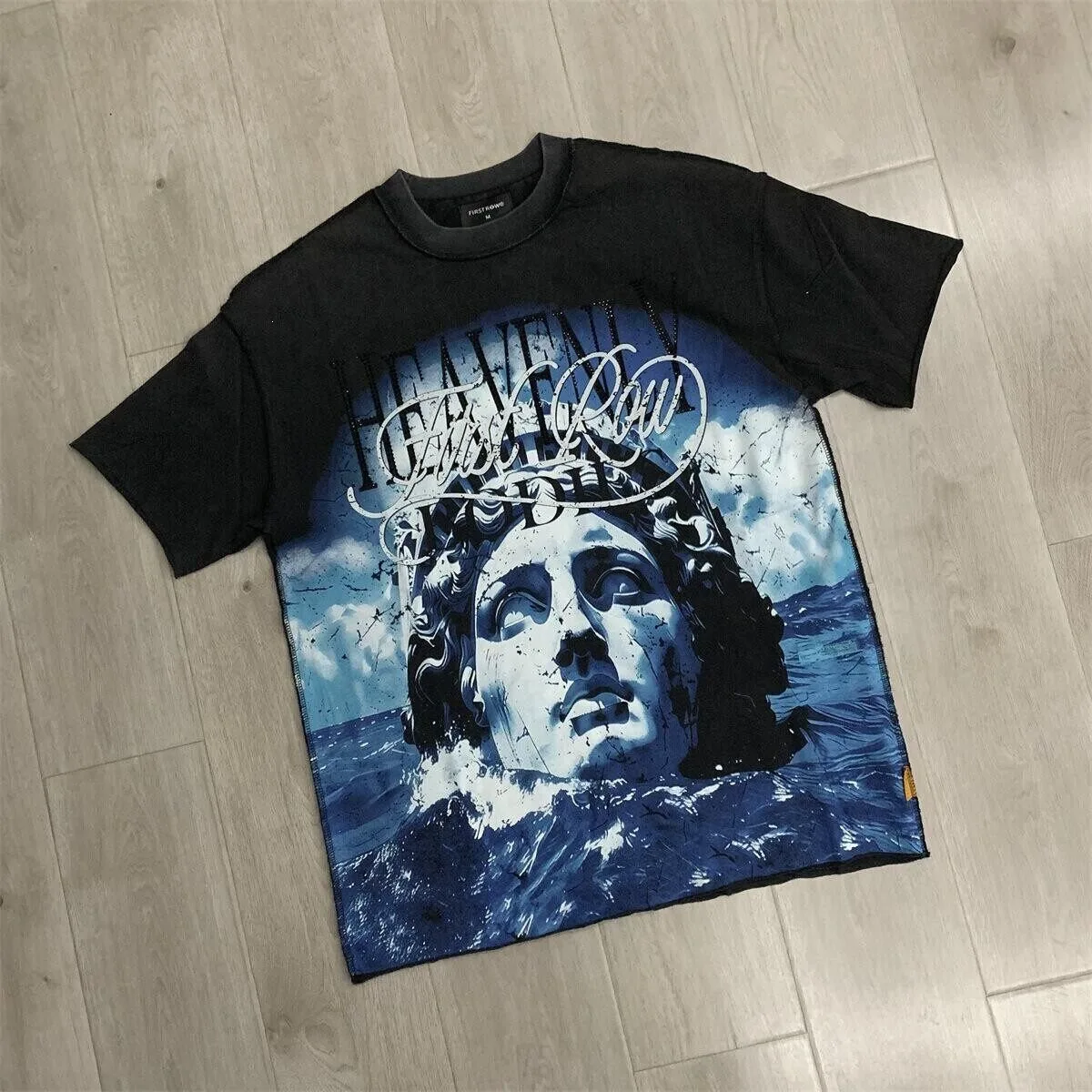 First Row Retro Statue Print Beaded Letter Men's and Women's Loose Washed Vintage Unstitched Design Short-Sleeve T-Shirt