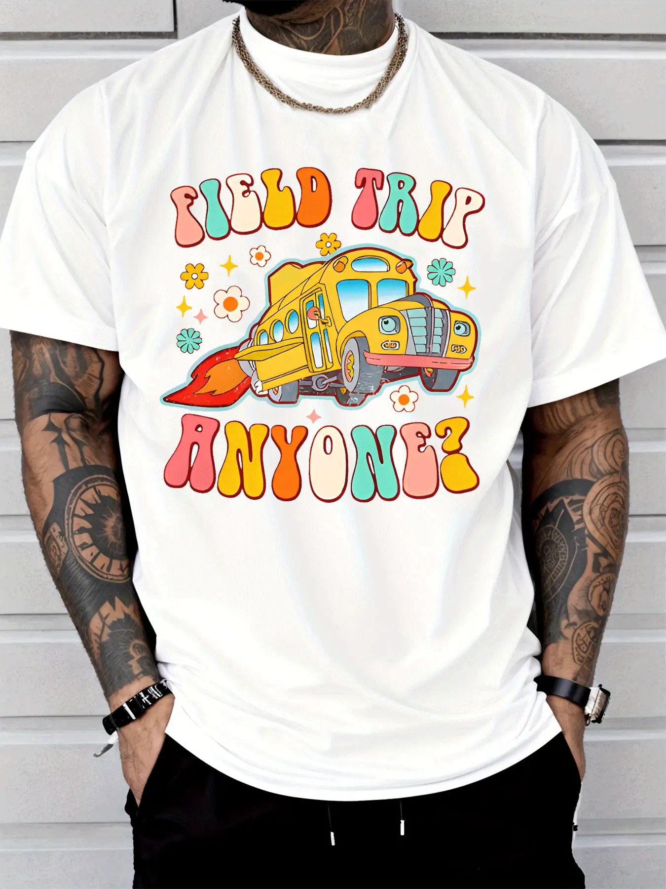 Field Trip Anyone Retro Yellow School Bus Mens Front Print T Shirt Floral Cartoon Graphic Tee Casual Short Sleeve Teacher Gift