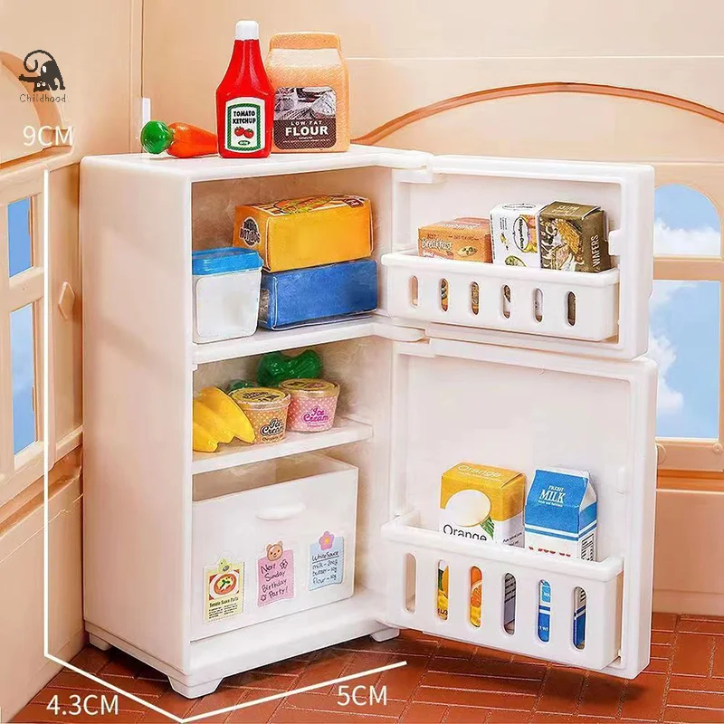 1/12 Mini casa delle bambole frigorifero bianco con set di alimenti giocattoli da cucina mobili in miniatura decorazioni per frigorifero per regalo per bambini