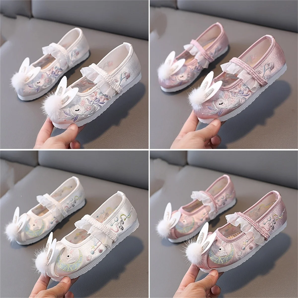 Chaussures de cosplay chinoises pour filles, broderie Hanfu, lapin, fleur, boule de poils, dentelle d'oreille, volants, tête ronde, plat, chaussures astronomiques, doux, mignon