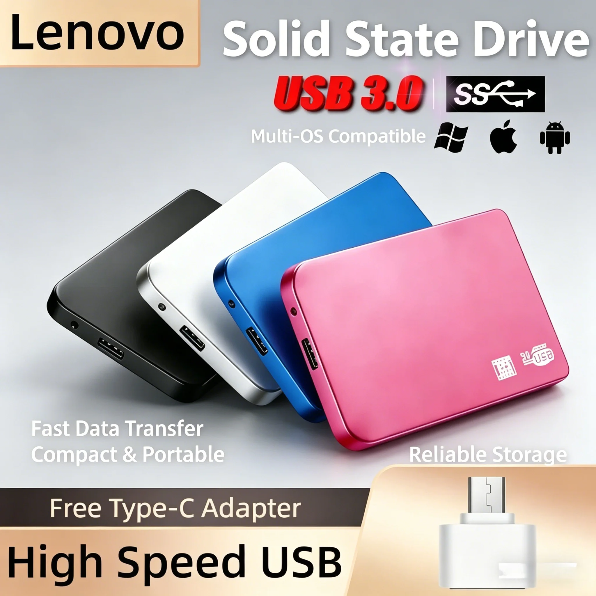 

Внешний корпус для SSD-накопителя Lenovo 4 ТБ, высокоскоростной, USB 3.0, с кабелем USB 3.0, ABS-пластик