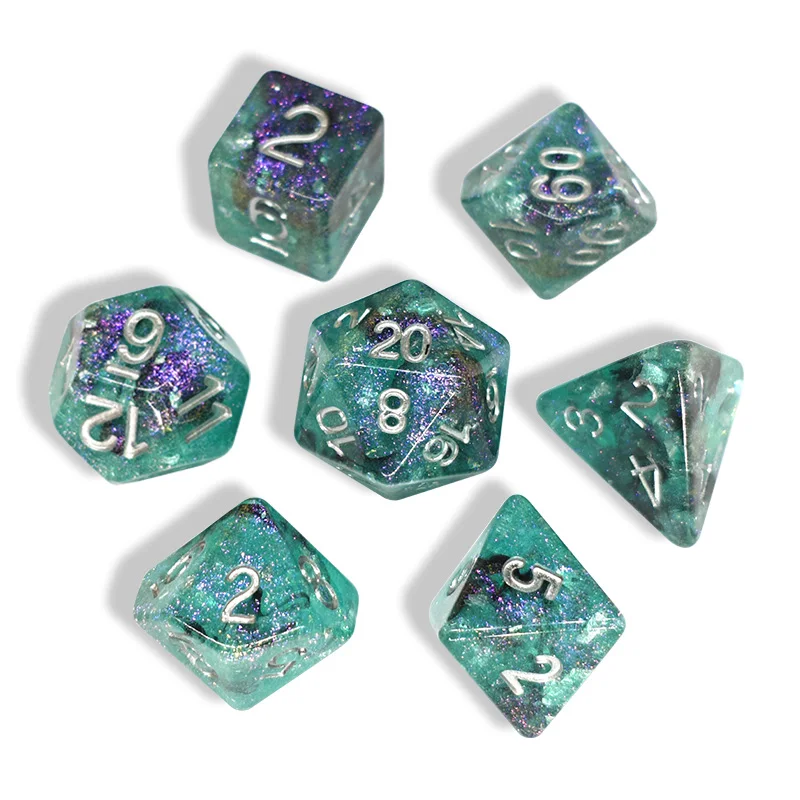 7Pcs Teal Purple Glitter Resin Dice Set, Polyhedral DND Dice with Silver Numbers for Role-Playing Games DND Dice TTRPG RPG Games