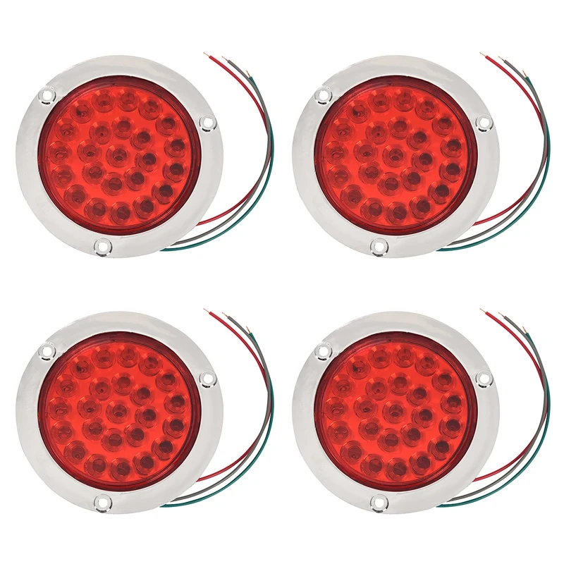 4 Pack Round Led Trailer Tail Lights Red 24 Led Flange Mount Waterproof Chrome 4 Inch Brake Stop Turn Lights