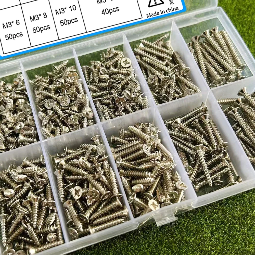 380-Piece M3 Stainless Steel Self-Tapping Screw Set 6-20mm Length for Wood And Metal Fastening Durable Hardware Screw Kit