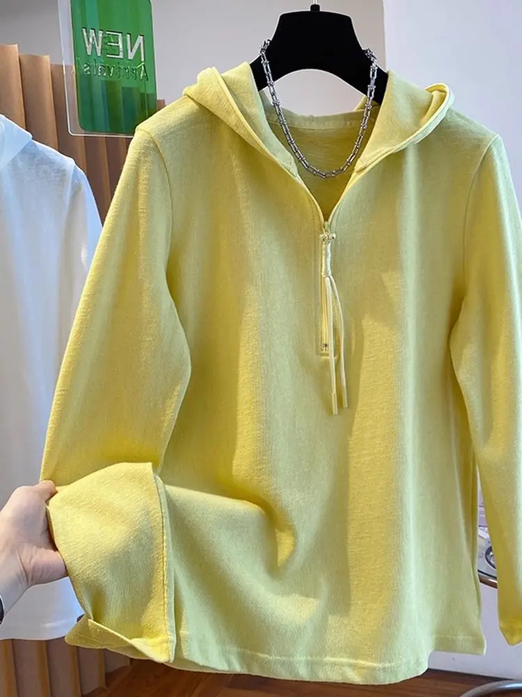 Camiseta Longa de Malha Solta com Capuz para Mulheres, Casual, com Zíper, Nova Chegada de Outono, Tamanho Plus Fashionável