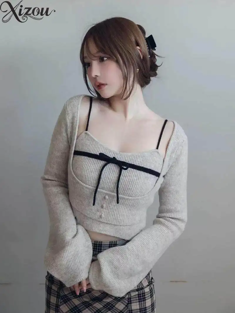 

Pullovers Two-Piece Set Women Sweet Bow Strap Camisole Knitted Cardigan Lantern Sleeve Blouse Autumn Winter Japanese Sweater