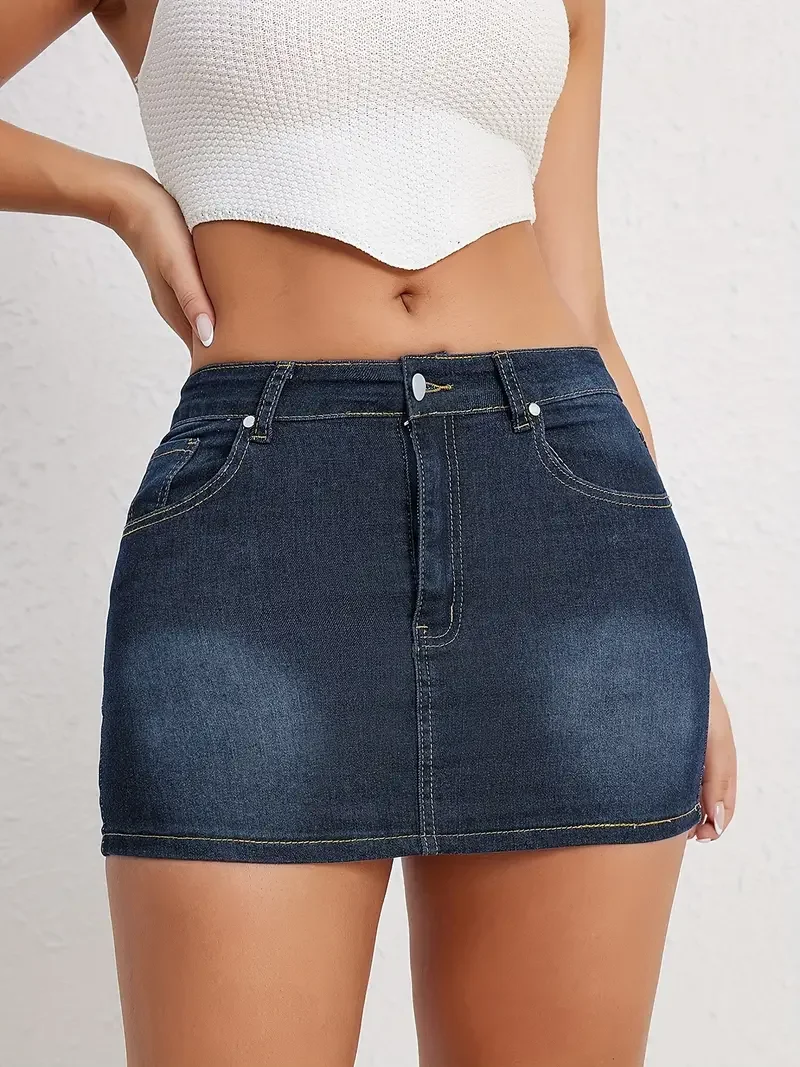 Solid Color Skinny Denim Skirt, Summer Fashion High-waisted Mini Skirt, Women's Pocket Denim