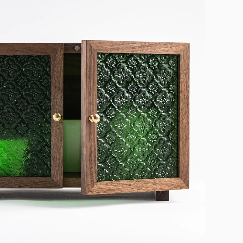 

Small cabinet retro wind green embossed glass door double door dovetail tenon and mortise structure locker
