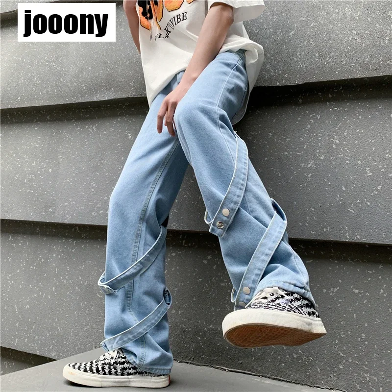 

Y2k Aesthetics Streetwear Light Wash Y2k Jeans with Bandage Straight Hip Hop Jeans Pants for men Casual Korean High Waist Demins