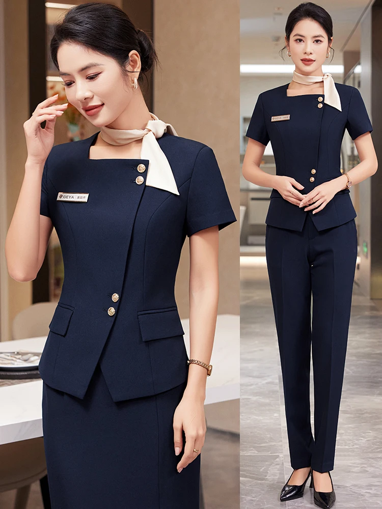 

Olive Green Short Sleeve Suit Set Women's Summer Front Desk Reception Work Uniform Hotel Jewelry Store High End Corporate Wear