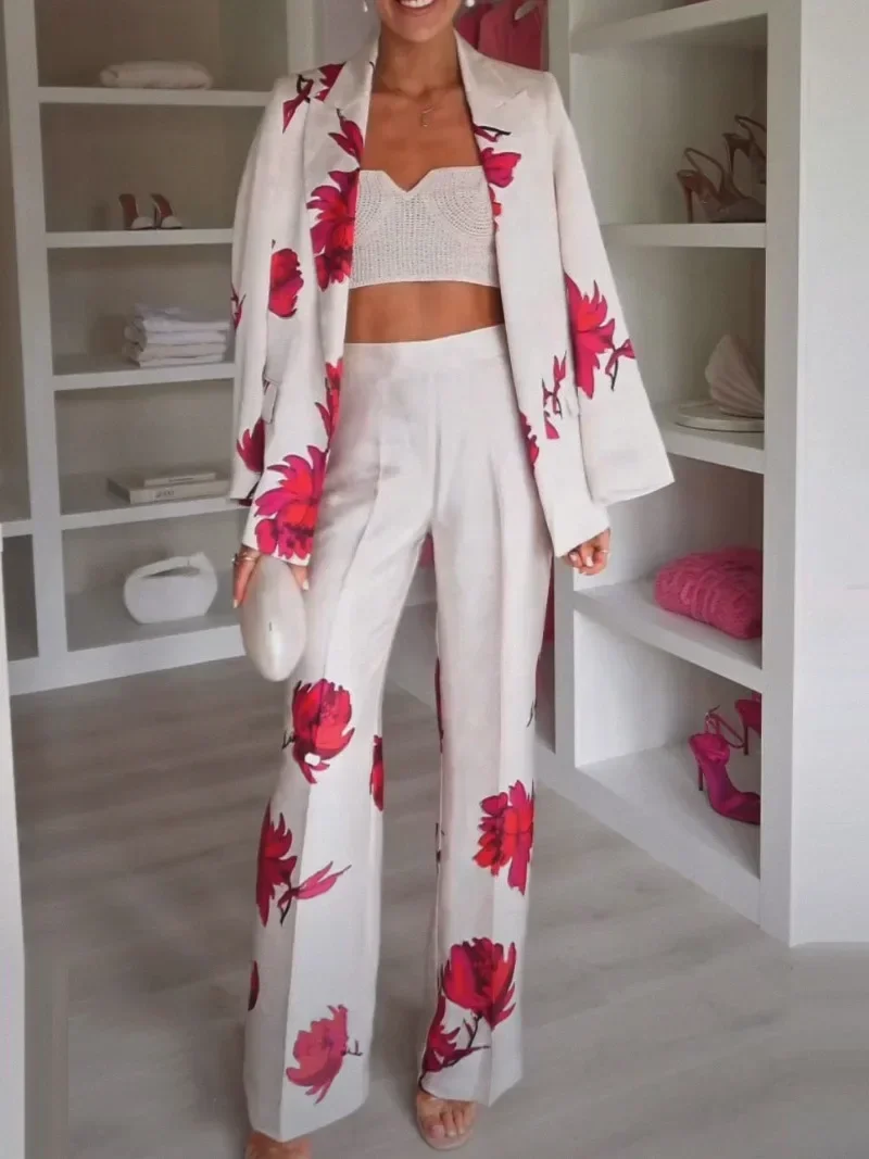 2024 New Fashion Autumn Flowers Pants Suit Ladies Printing Long Sleeve Suit Jacket Blazer Straight Trousers Women Two-piece Sets