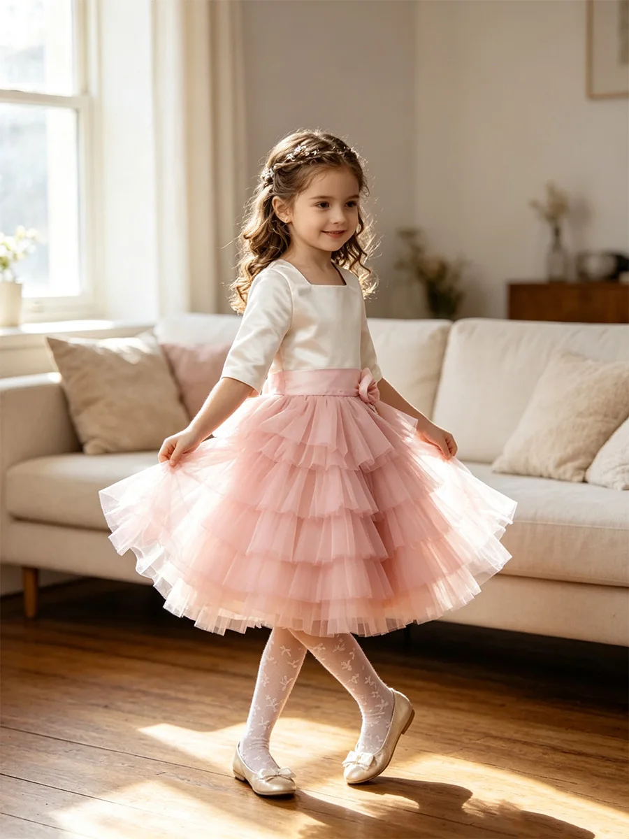 Custom Patchwork Color Kids Formal Dress Square Neck Half Sleeve Multi‑Layer Ruffled Tulle Girls Wedding Birthday Pageant Gown