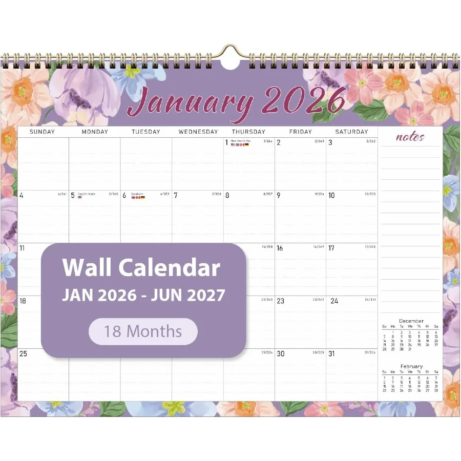 

2026 Wall Calendar 18 Monthly Wall Calendar from January 2026 to June 2027 Paper Desk Planner 11'' x 8.5'' Hanging for Teacher