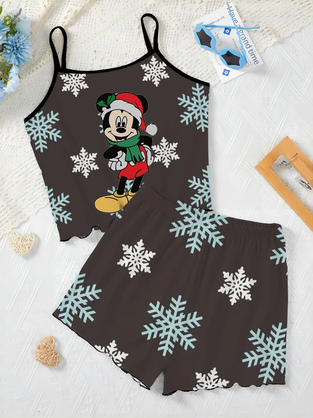 Elegant Women's Sets Slip Dress Disney Mickey Top Pajama Skirt Lettuce Trim Christmas Minnie Mouse T-shirt Pieces Short Suit Top