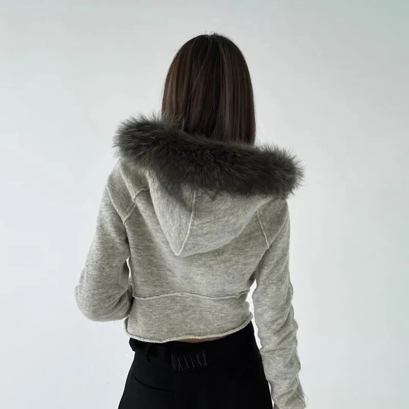 

Winter 2025 Asymmetric Zip Hoodie Fur Collar Design Men's Slim Fit Patchwork Sweatirt ort Sle Pure Color European Faion