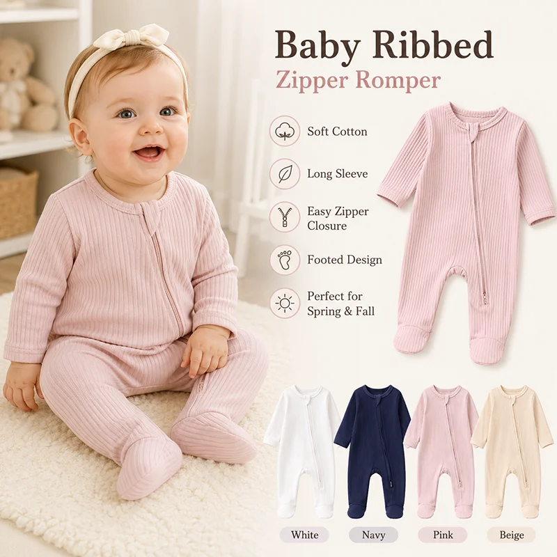 Baby Clothing Zipper - ベビーリブ編みジッパーロンパース コットン長袖足つきジャンプスーツ ソフト春秋新生児スリープウェア 幼児服 ベビーパジャマセット