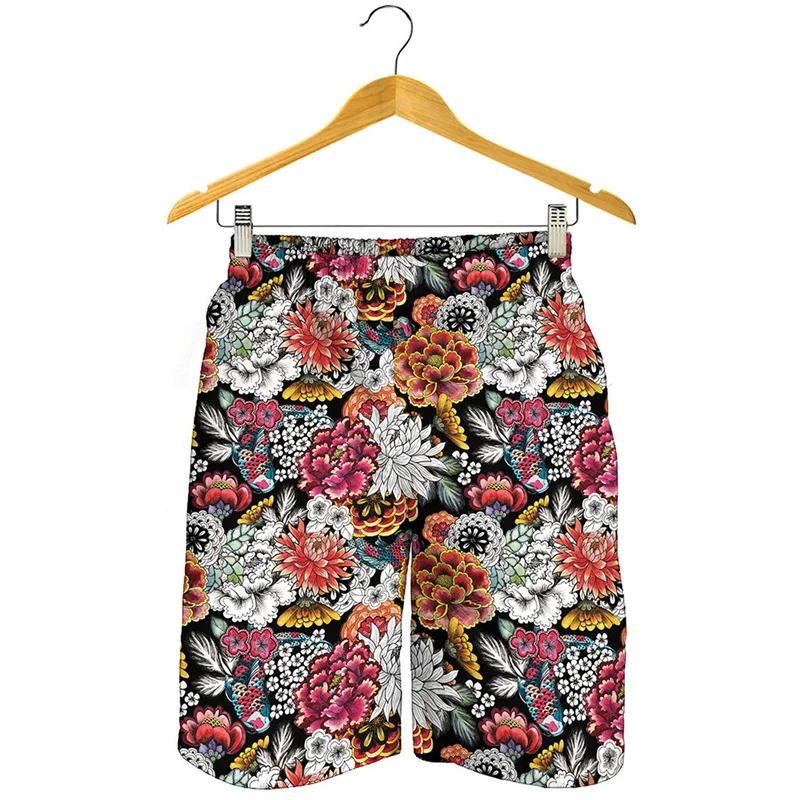 Vintage Chrysanthemum Flower Beach Shorts For Men 3D Printed Floral Surf Board Shorts Oversized Summer Quick Dry Swimming Trunks