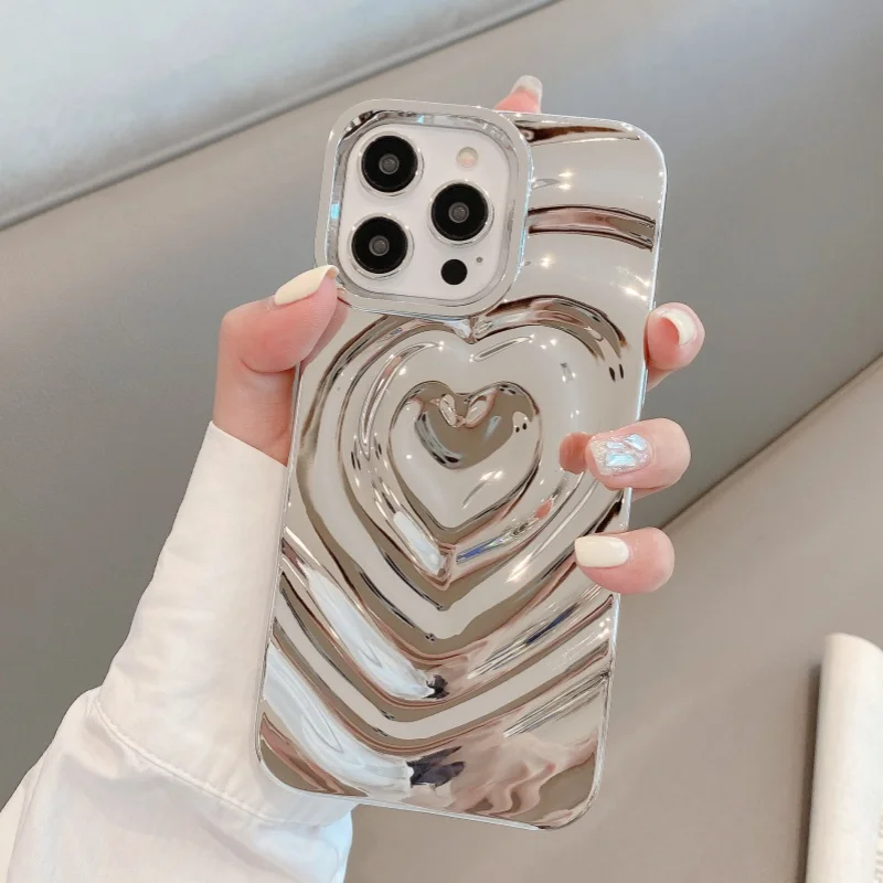 Luxury Electroplate Silver 3D Heart Water Ripple Phone Case For iPhone 16 Plus 15 14 13 12 11 Pro Max Silicone Shockproof Cover