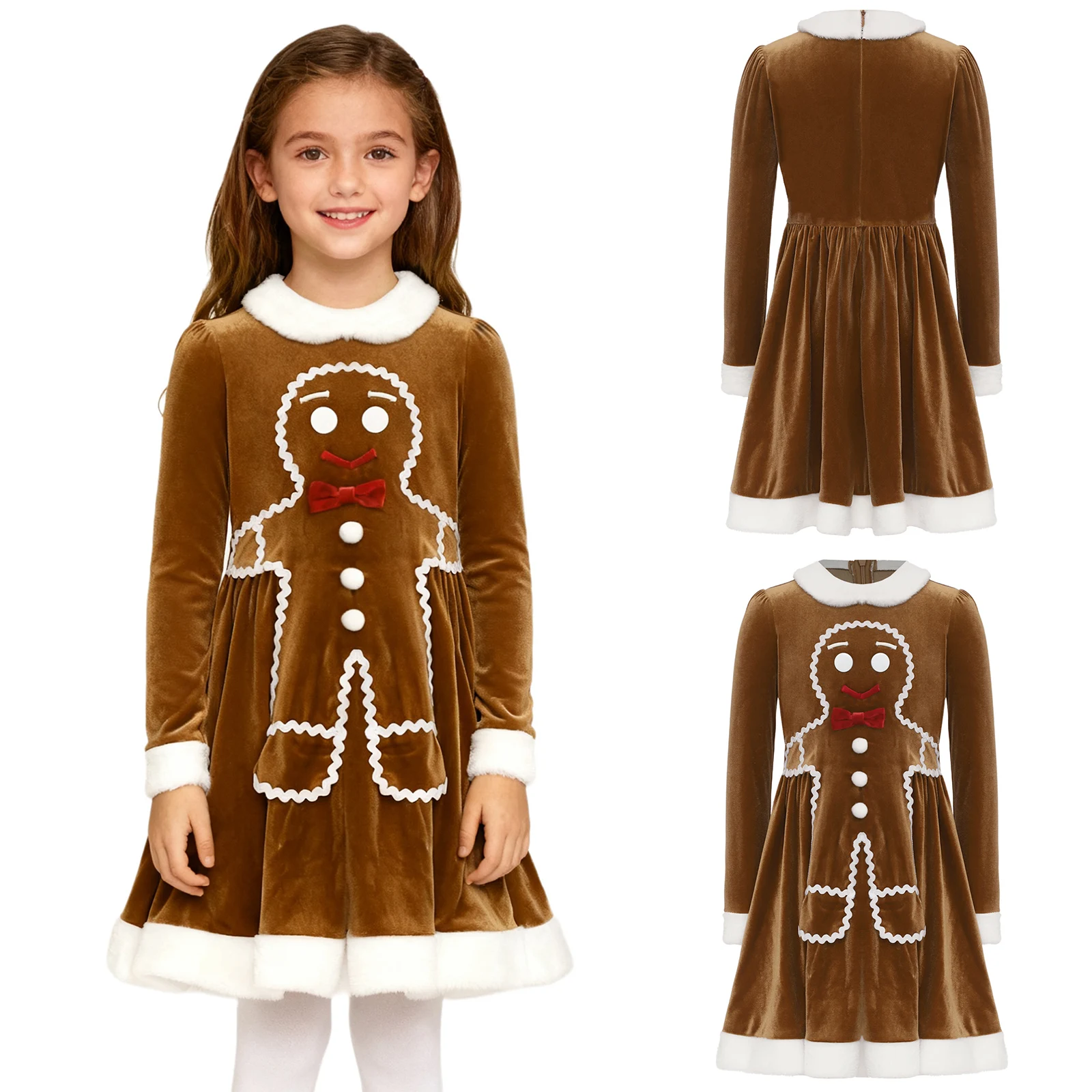 

Girls Christmas Gingerbread Man Costume Festival Party Choir Performance Dress Halloween Xmas Ginger Bread Pattern Dance Dress