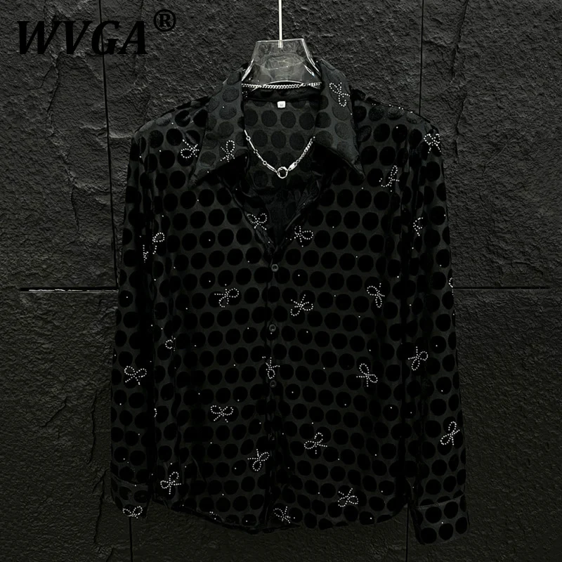 

WVGA Spring Autumn Men's Tide High Street Polka Dot Bowknot Niche Design Y2K Long Sleeve Shirts Stylish Casual Shirt Ins W7474