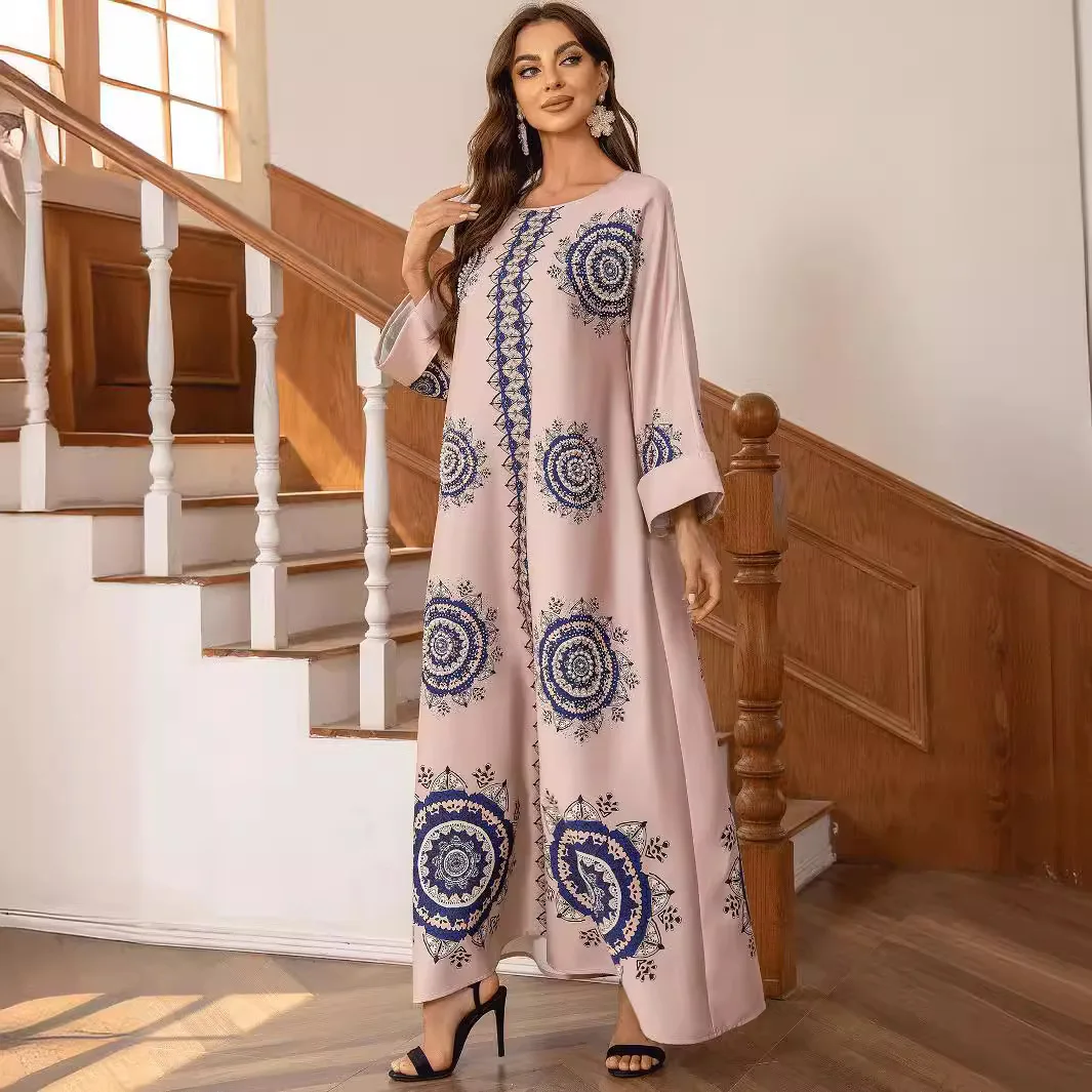 ZD032 Muslim Home Clothes Bohemian Style Fashion Printed Diamond studded Round Neck Robe Female Abaya